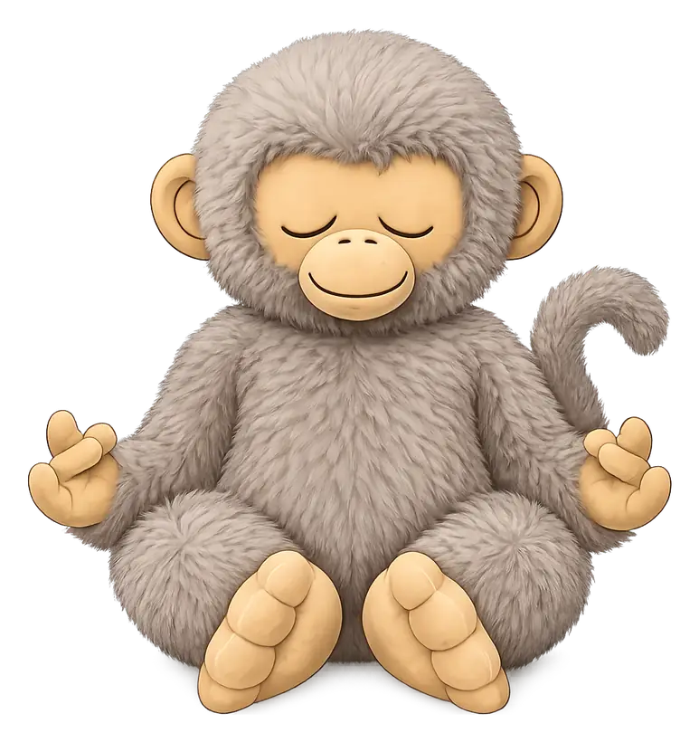 Monky — a soft grey plush monkey sitting in a calm, cross-legged pose with its eyes gently closed and hands resting on its knees